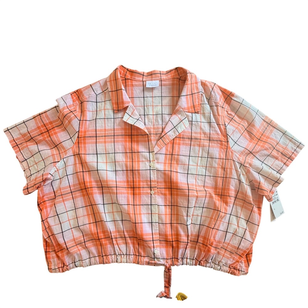 Abound Womens 3X Orange Plaid Button Front Crop Top Tie Hem Short Sleeve Cotton